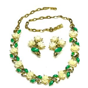 Necklace Earrings Set Cream Green Gold Celluloid Rose Vintage Vtg Jewelry O30
